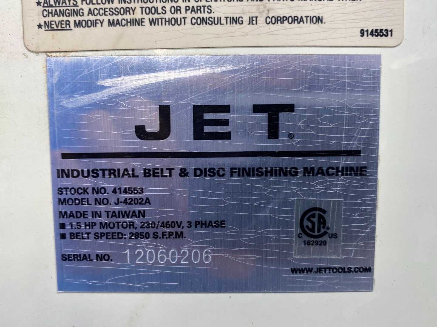 JET J-4202A 230/460V, 2850 S.F.P.M 3PH Combination Belt/ Disc Sander 