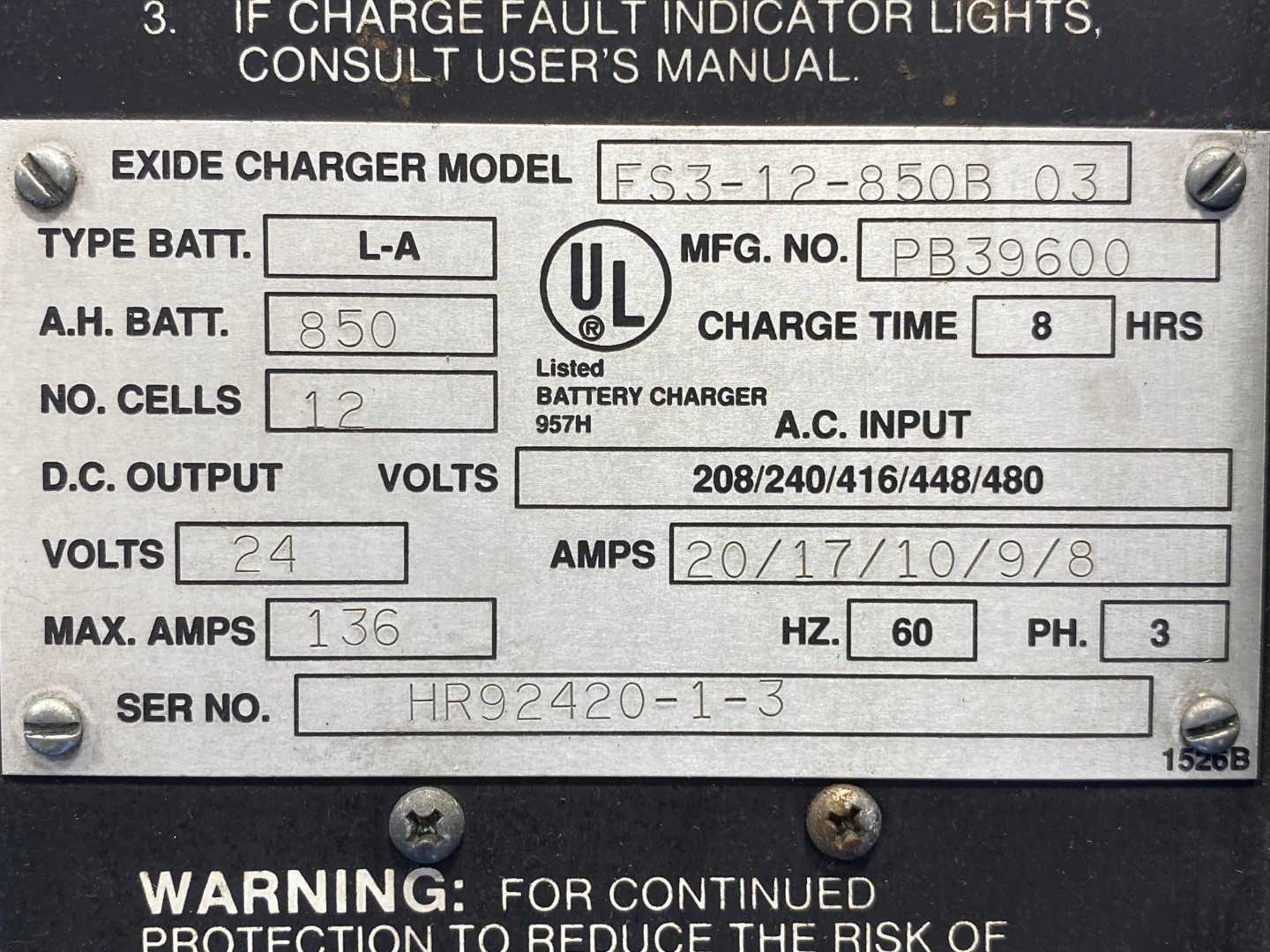 Exide System 3000 FS3-12-850B 03 Battery Charger