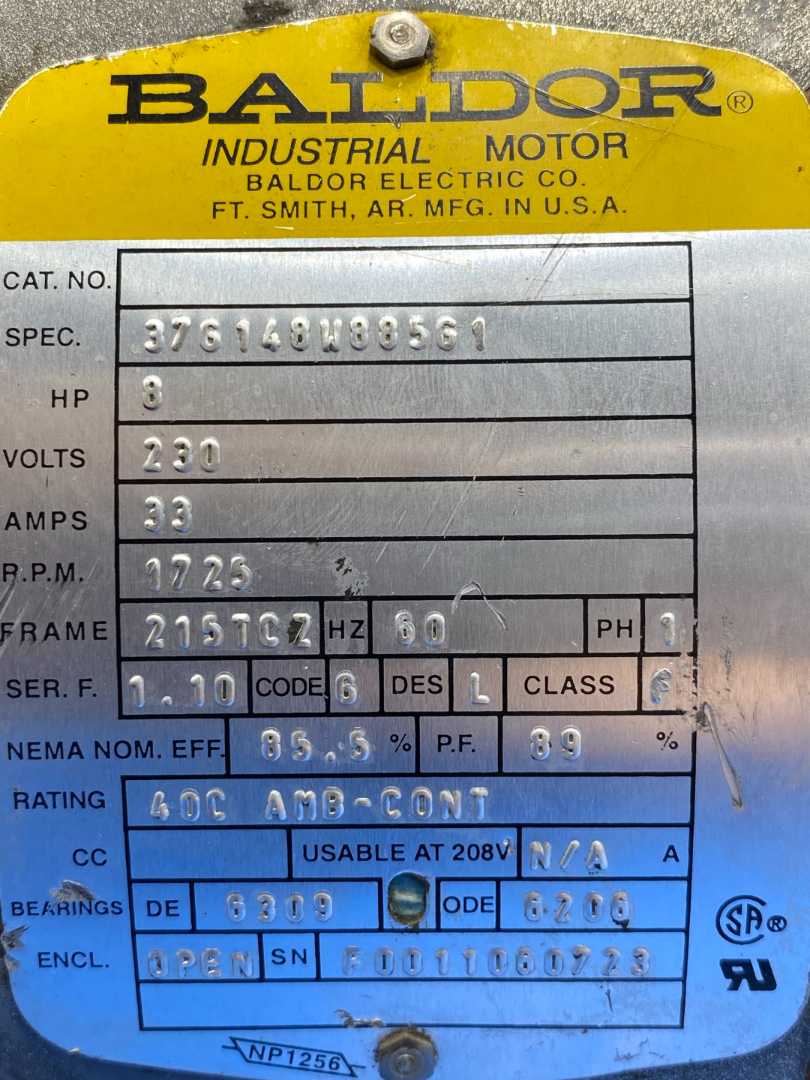 8HP BALDOR 215TC Z FRAME 1725 RPM 230V 1PH 376148W88561