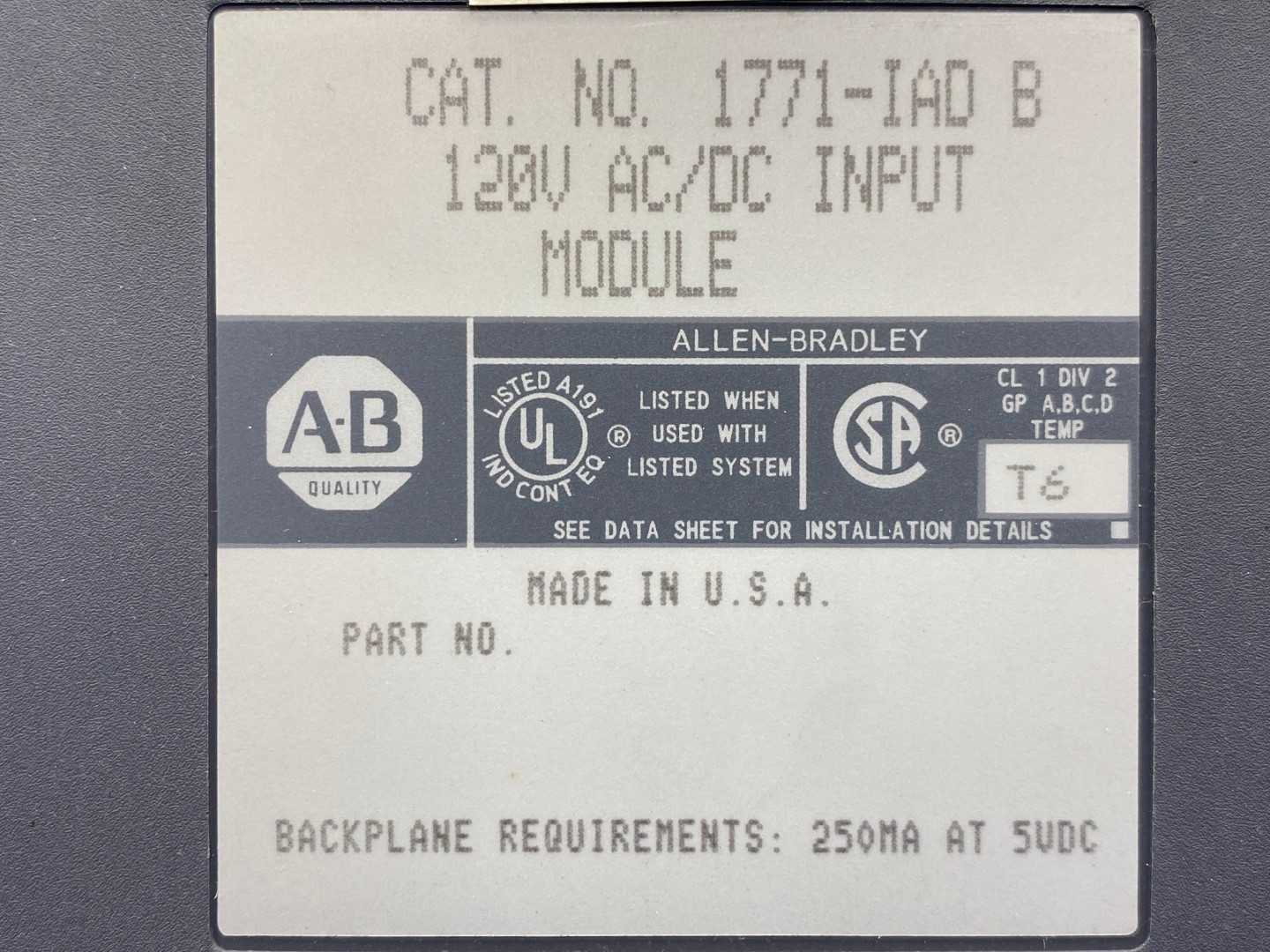 Allen-Bradley 1771-IAD B 120V AC/DC Input Module T6