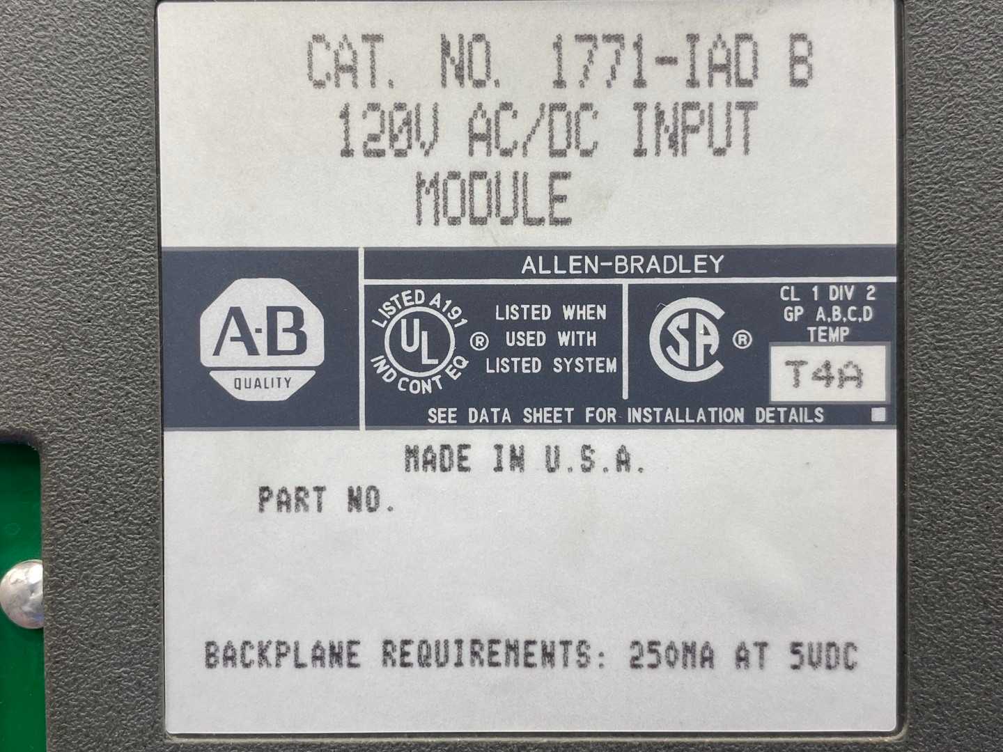 Allen-Bradley 1771-IAD B 120V AC/DC Input Module T4A