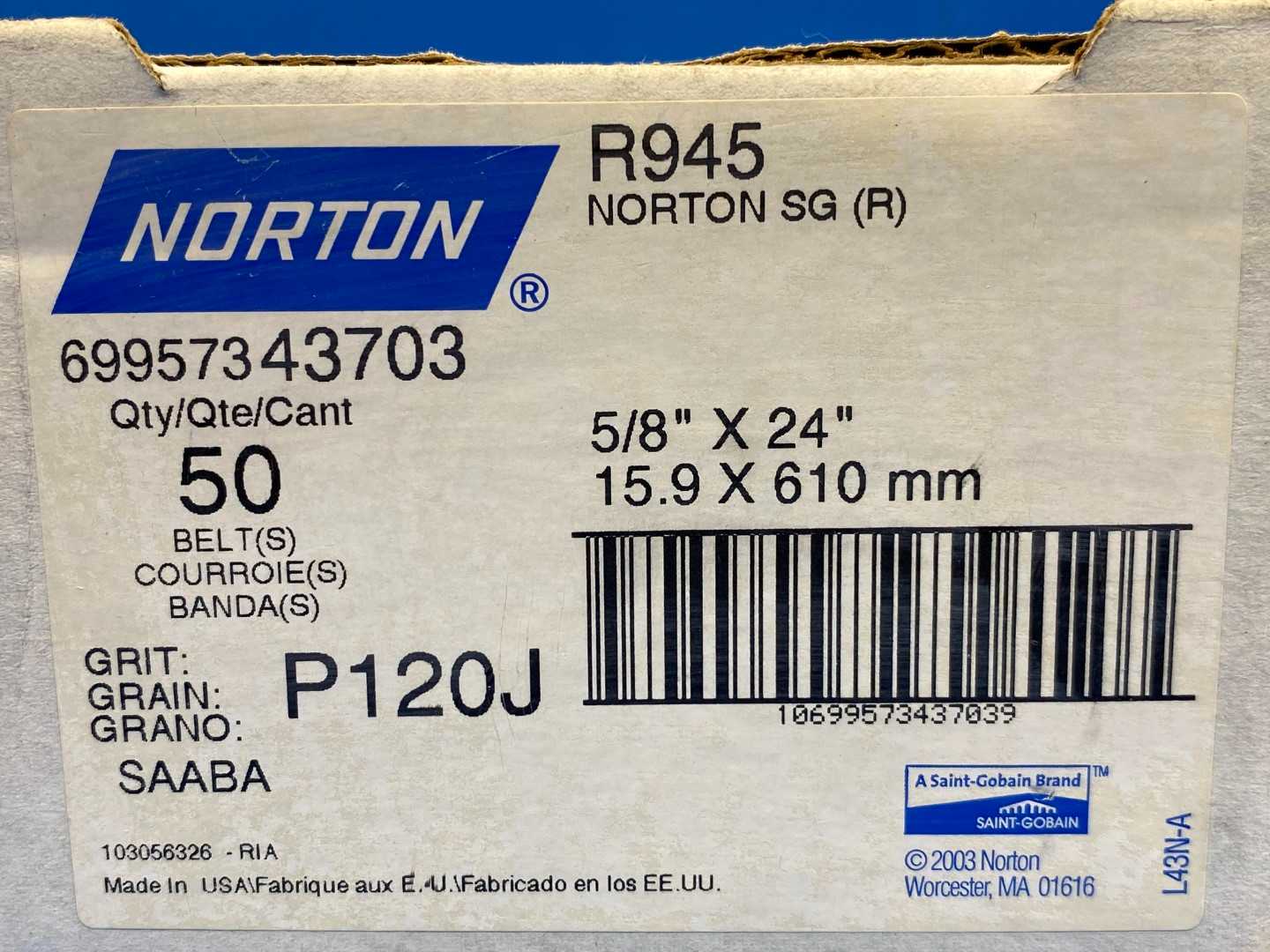 Norton R945 Grit P120J 5/8" x 24" Belt (box of 50)