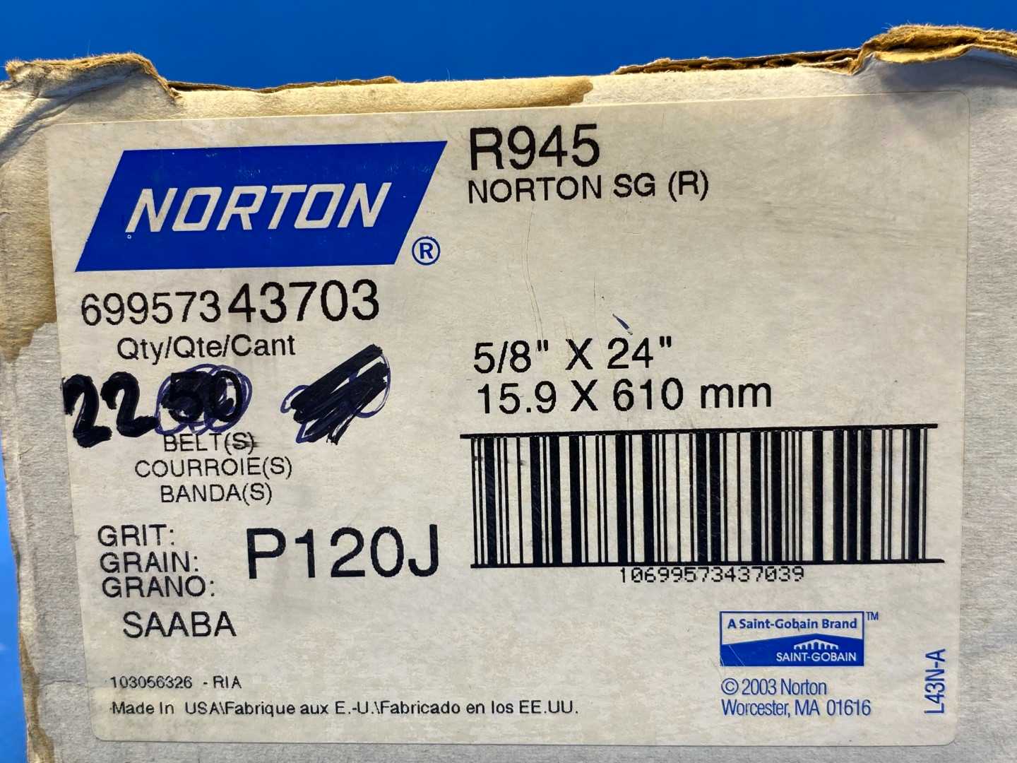 Norton R945 Grit P120J 5/8" x 24" Belt (box of 22)
