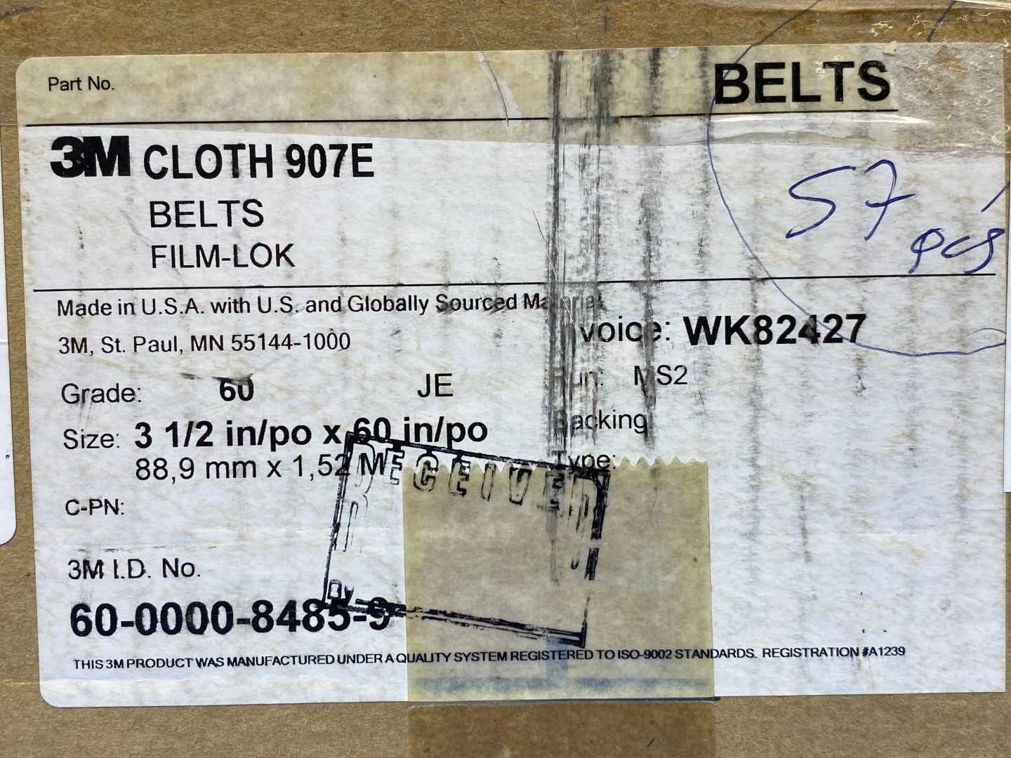 3M Cloth 907E Film-Lok Grade 60 Belt 3-1/2" x 60" (Selling 1 per) 
