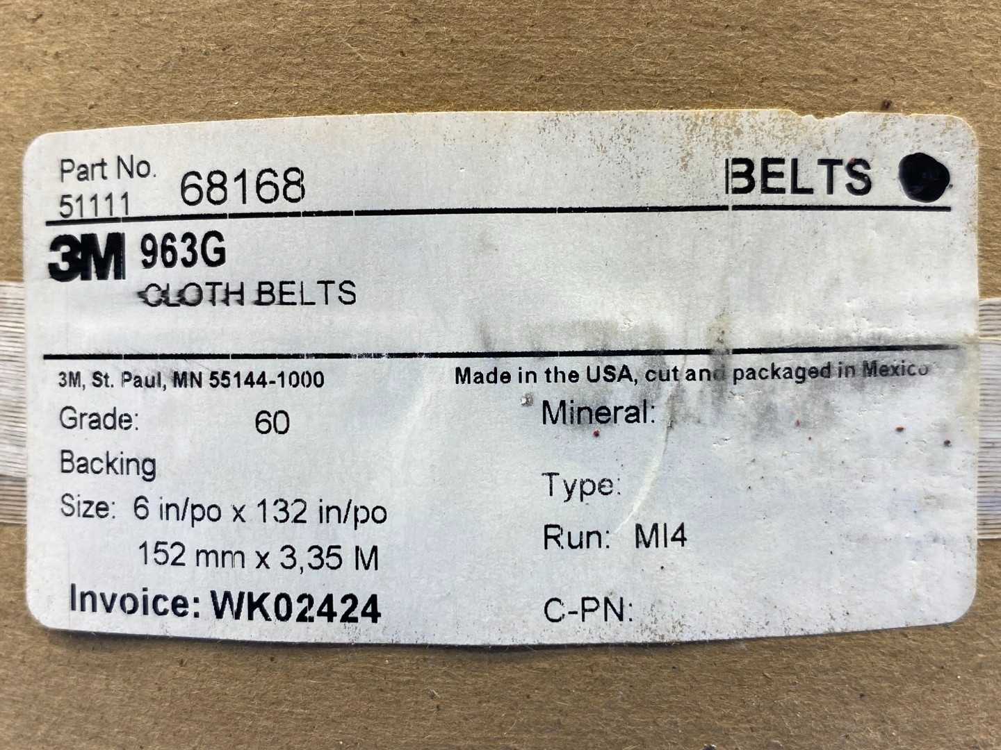 3M 963G Grade 60 Cloth Belts 6" x 132" (Bundle of 14) 