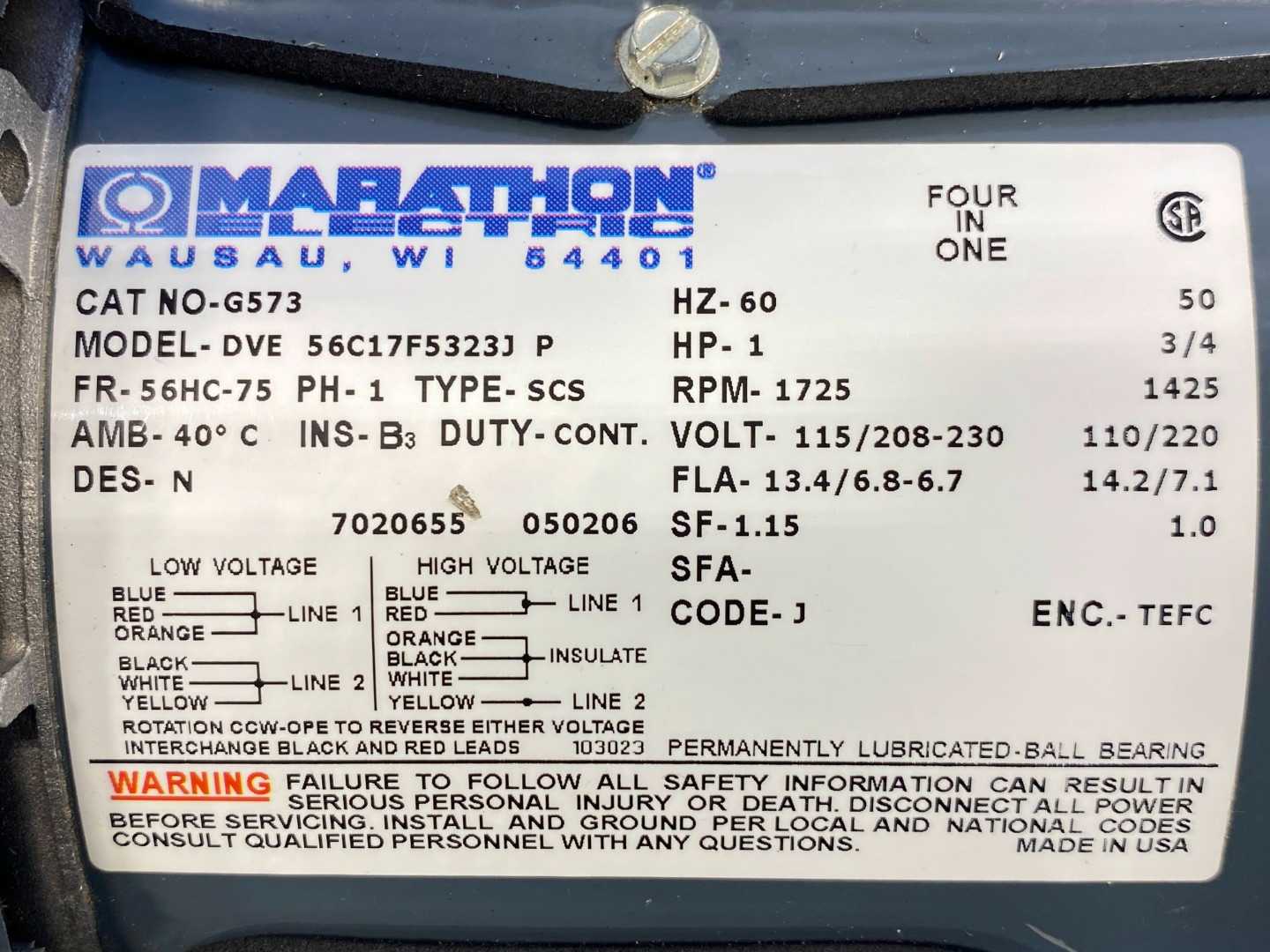 1HP - 1725RPM Marathon Electric  Motor G573 DVE56C17F5323JP 