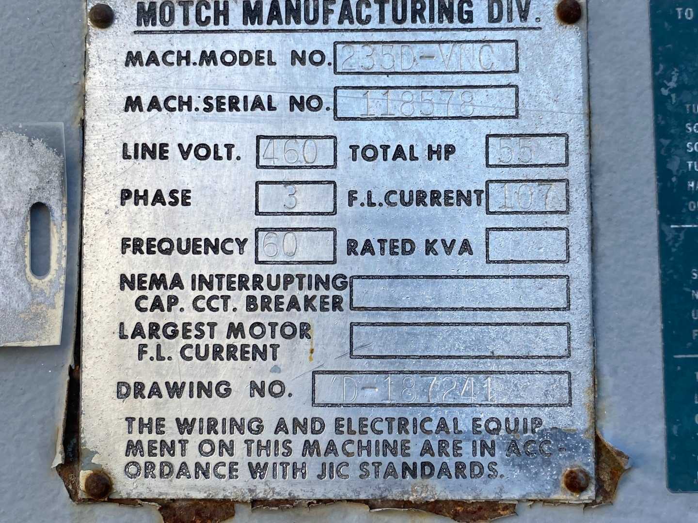 Motch Manufacturing Div. Vertical Lathe Machine