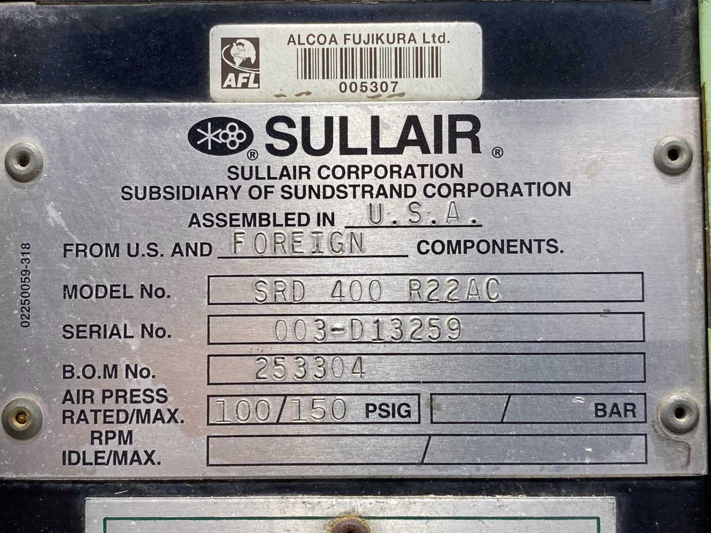 Sullair SRD-400 R22AC Refrigerated Air Dryer 2HP