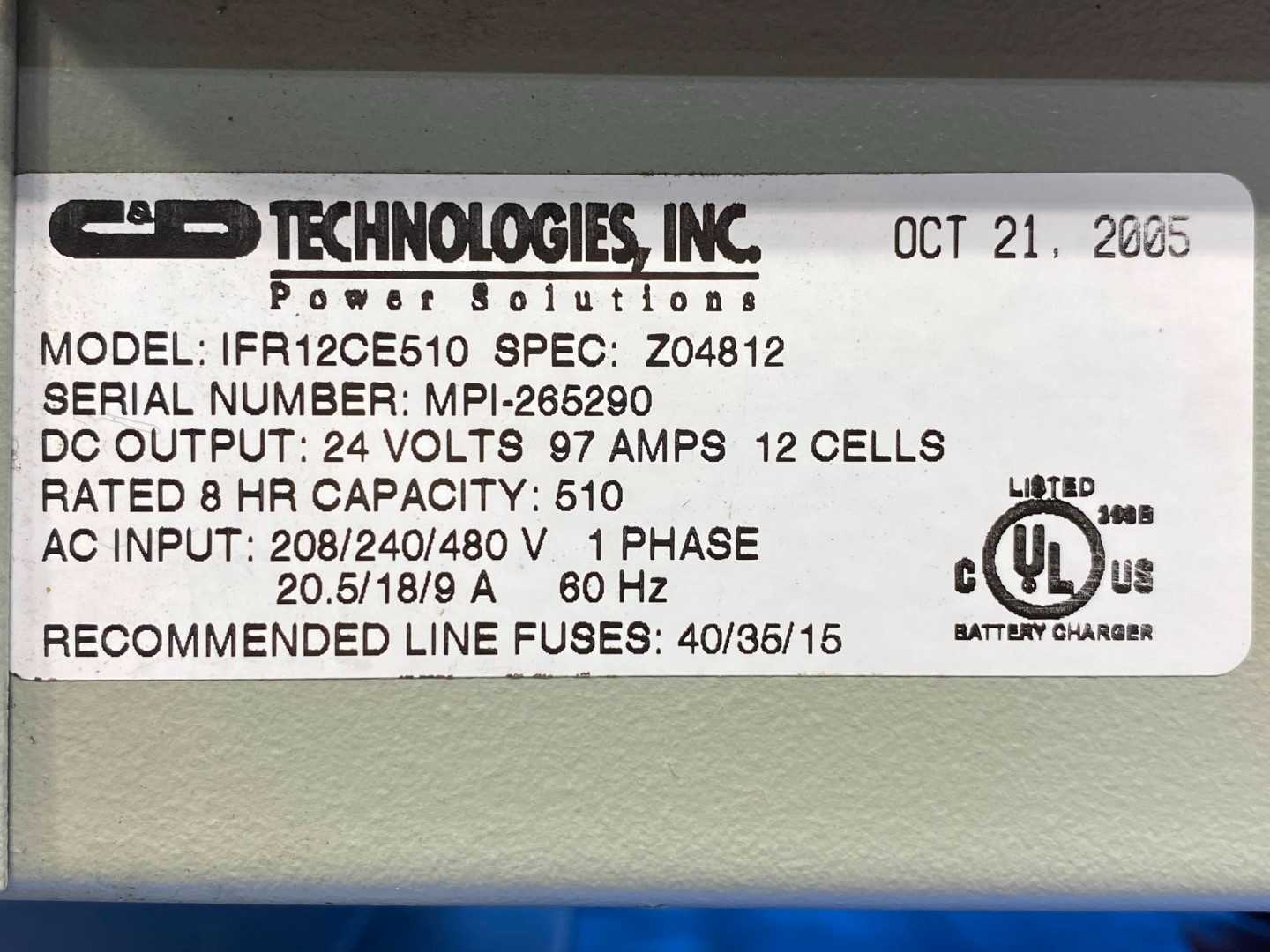 C&D Technologies FerroCharger IFR12CE510 Series  24 Volt Battery Charger