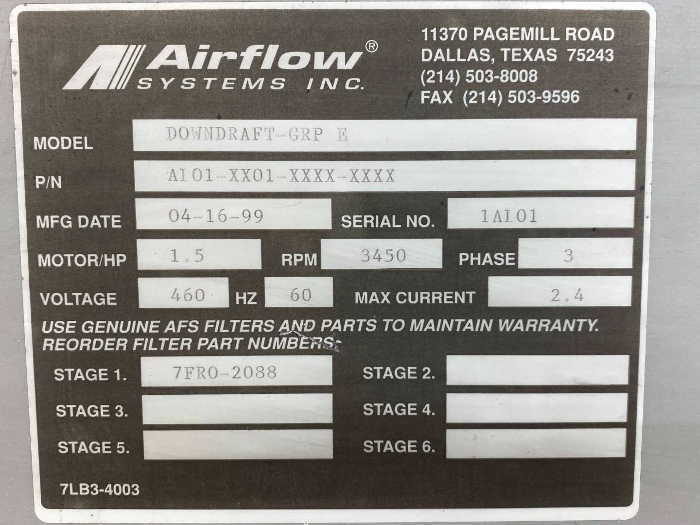 Airflow Systems Inc. DOWNDRAFT-GRP E  Downdraft Table 440-480V