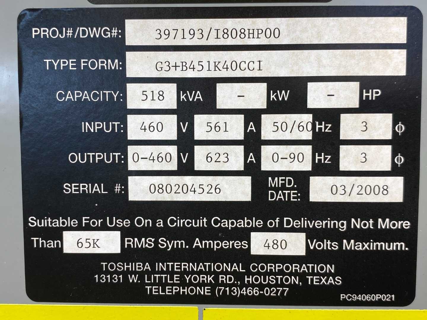 Toshiba G3 B451K40CCI  with VT130S3-451KP12 ASD/VFD Transistor Inverter 