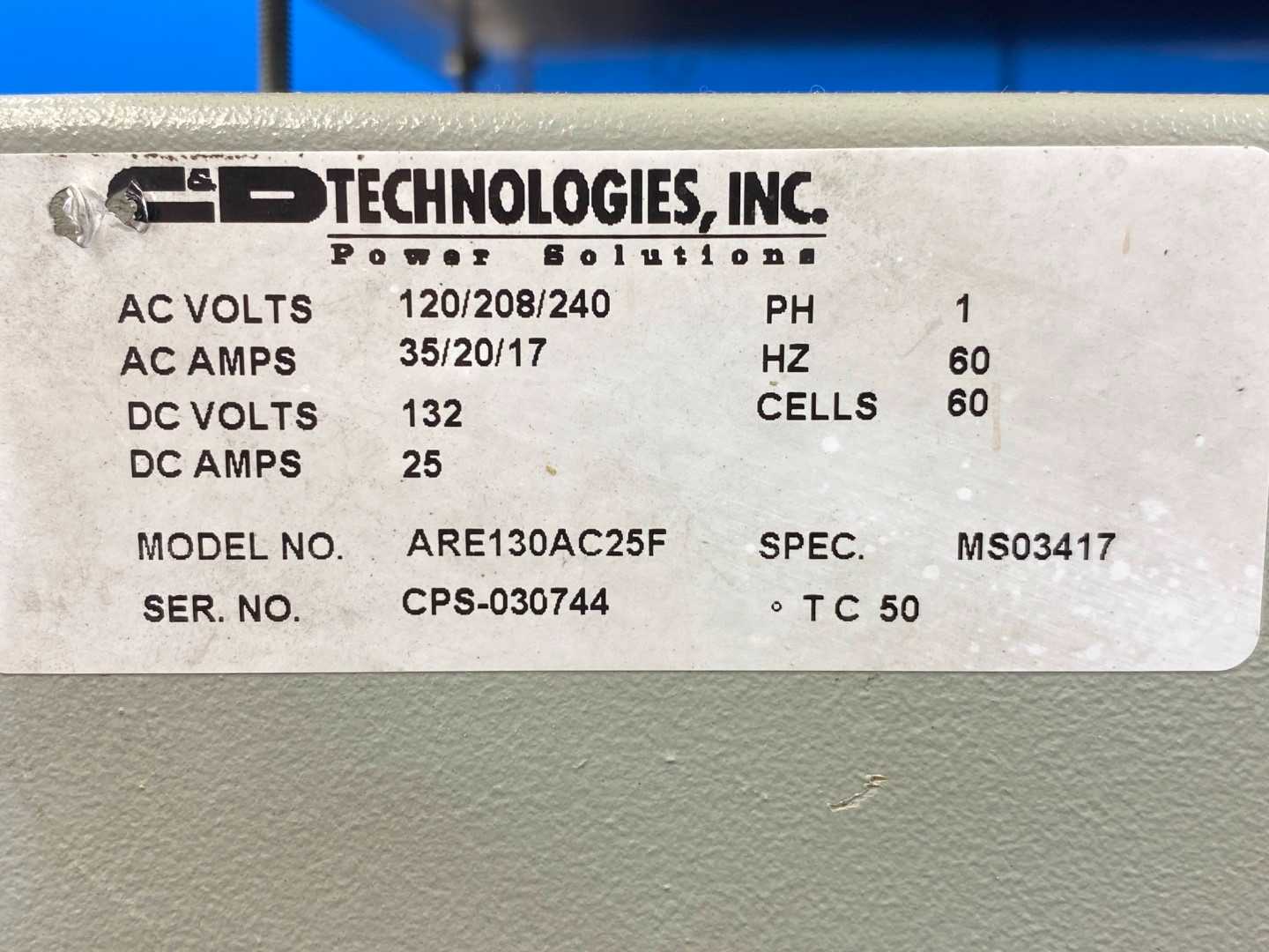C&D Technologies ARE130AC25F Battery Station - DC132V, 60 Cell, Single Phase