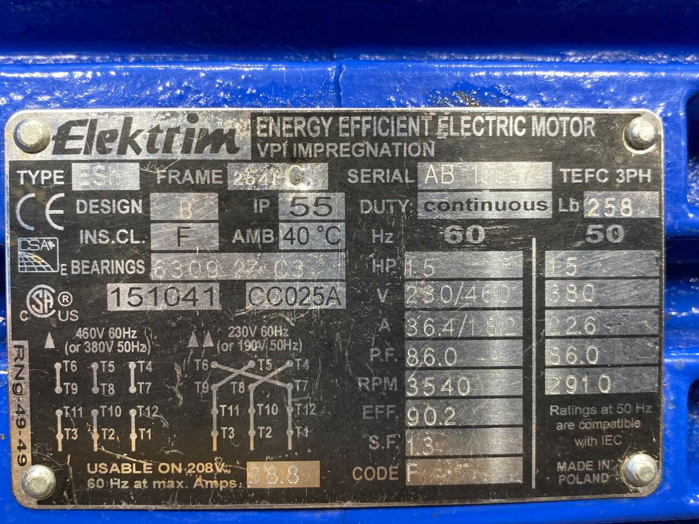  Elektrim 254TC 3600 RPM 230/460V 15HP NEW SURPLUS