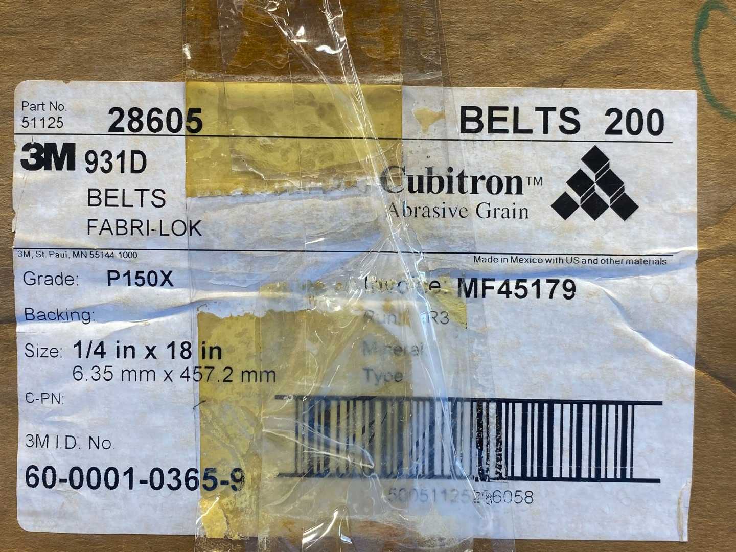 3M Cubitron 931D Belts FABRI-LOK P150X  1/4"x18" Box of 200