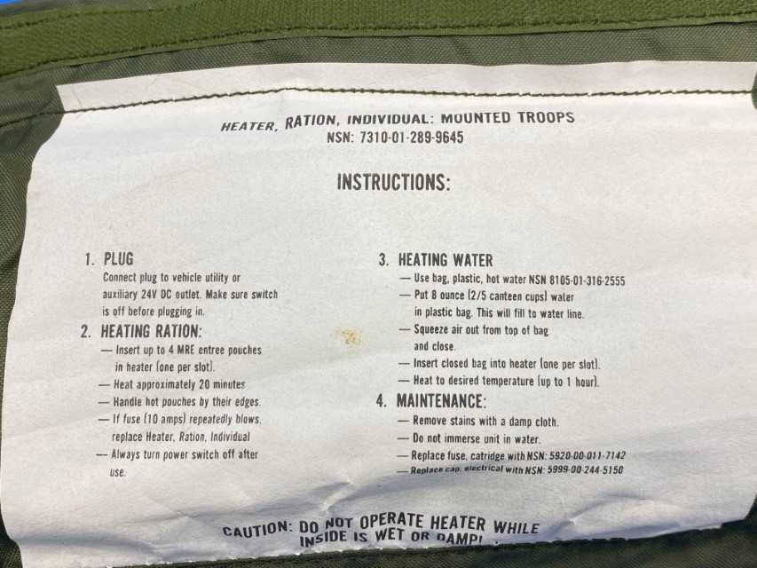 Military Individual Troop MRE Meal Ready to Eat Ration Heater 24 Volt