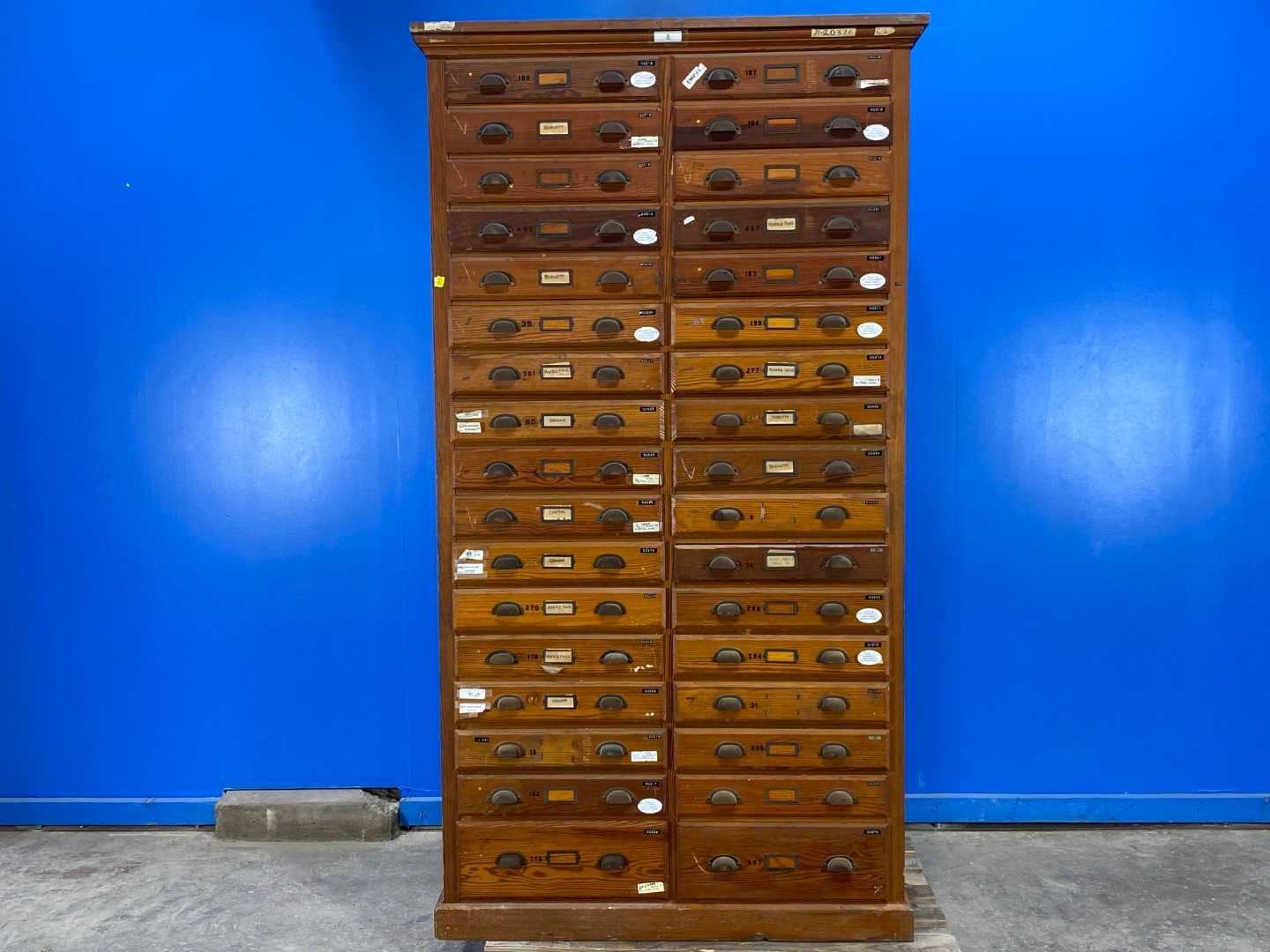 Antique 34 Drawer SAMPLES Cabinet, 47 1/2" x 12 x 93" tall 