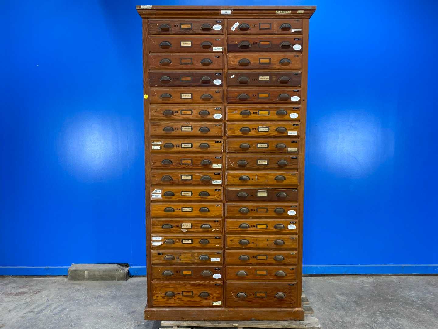 Antique 34 Drawer SAMPLES Cabinet, 47 1/2" x 12 x 93" tall 