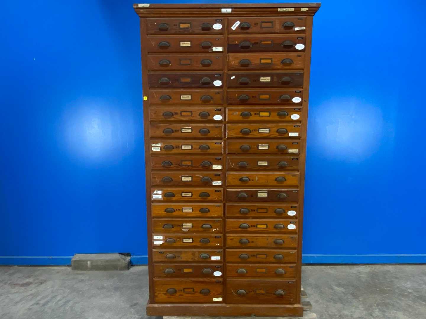 Antique 34 Drawer SAMPLES Cabinet, 47 1/2" x 12 x 93" tall 