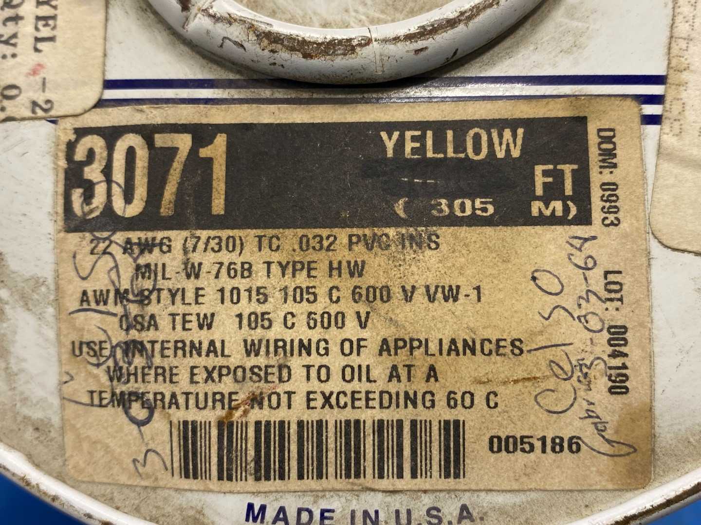 Alpha 22AWG 600V PVC STR Wire Yellow 500FT