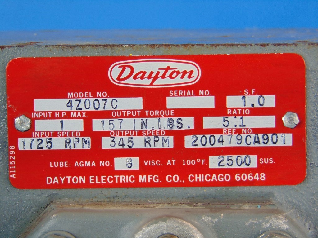 DAYTON 4Z007C 1725rpm 1HP 5:1 Gear Reducer