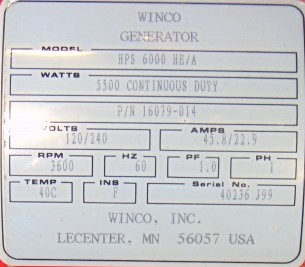Winco HPS6000 HE/A Generator 5500W Honda GX340 11.0 Engine 