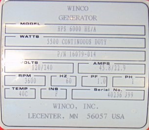 Winco HPS6000 HE/A Generator 5500W Honda GX340 11.0 Engine 