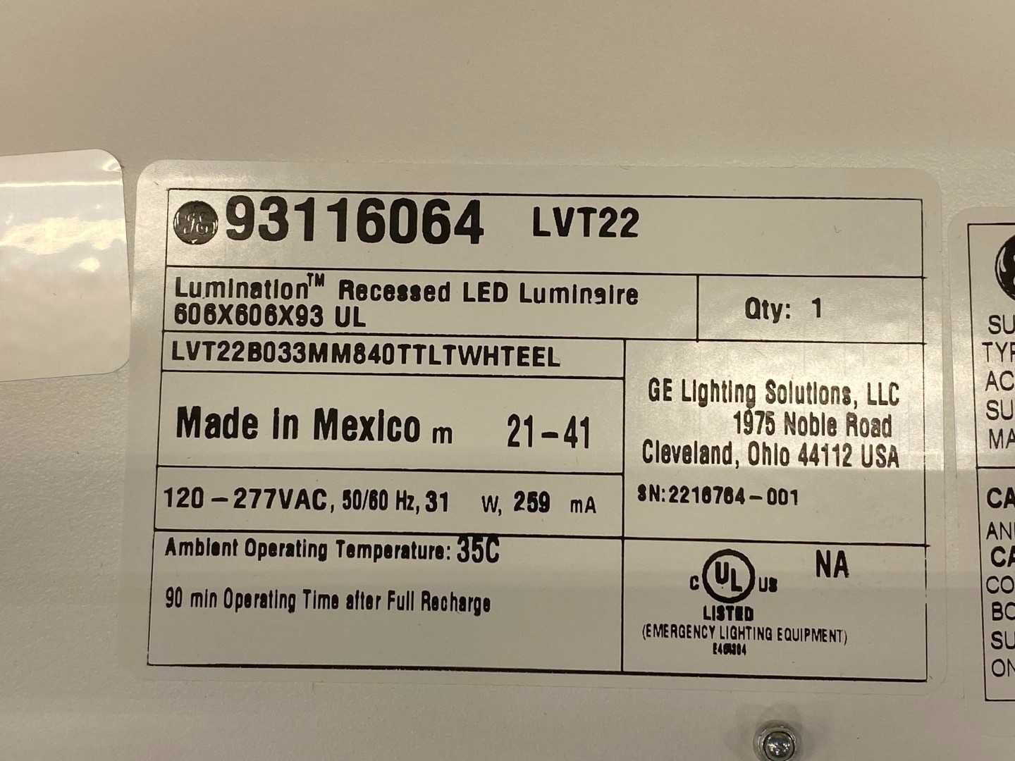 GE Lumination Recessed LED Luminaire LVT22B033MM840TTLTWHTEEL  93116064  UL