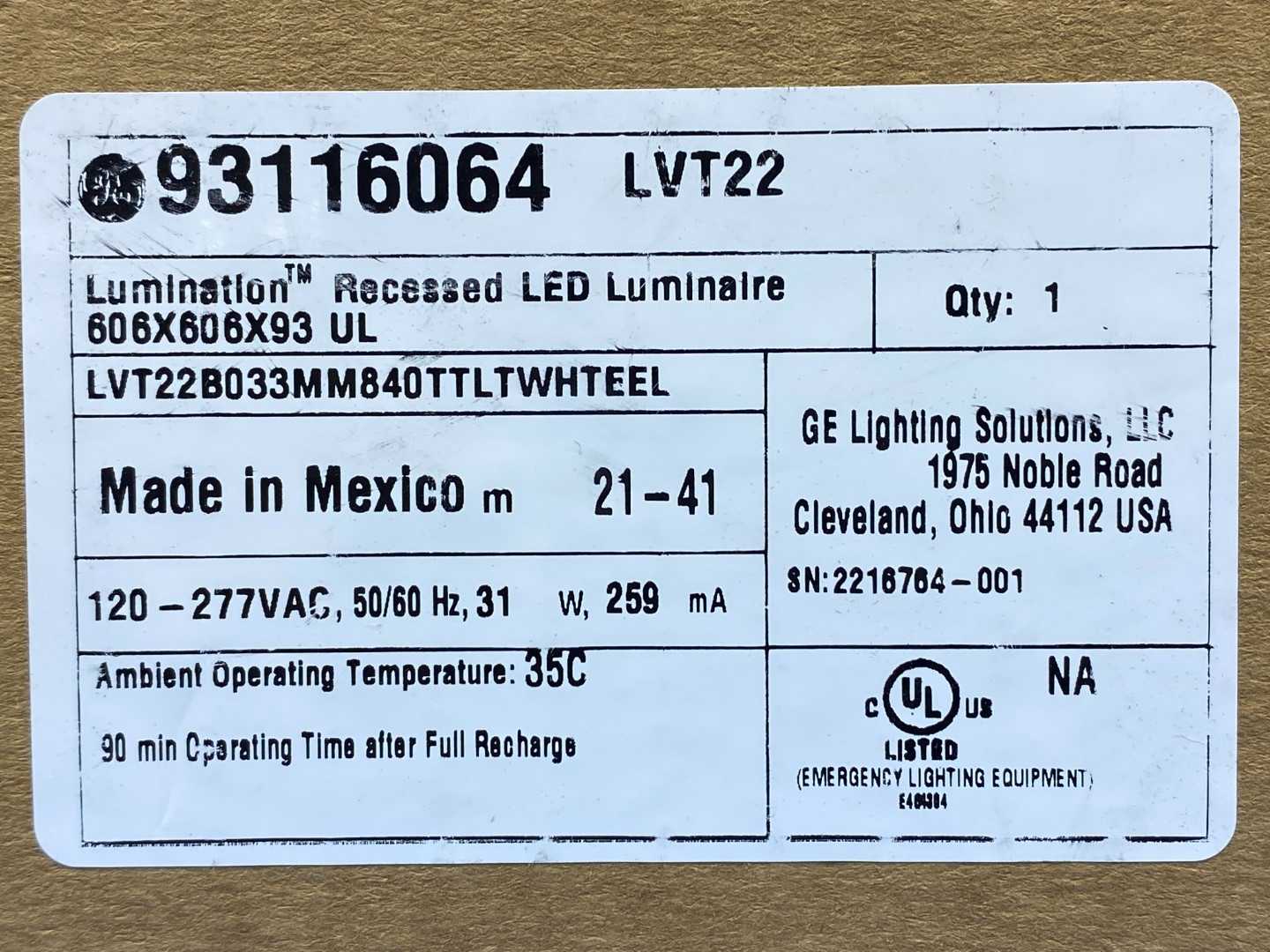 GE Lumination Recessed LED Luminaire LVT22B033MM840TTLTWHTEEL  93116064  UL