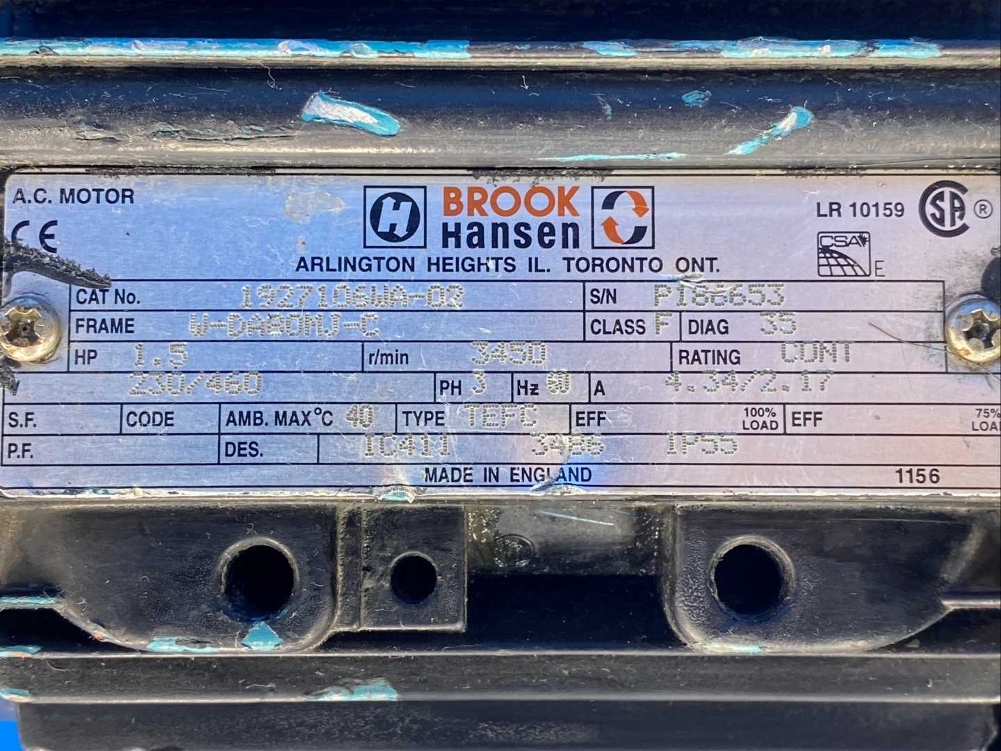 Brook Hansen 1927106WA-02 Motor 230/460V 1.5HP 3PH 3450RPM