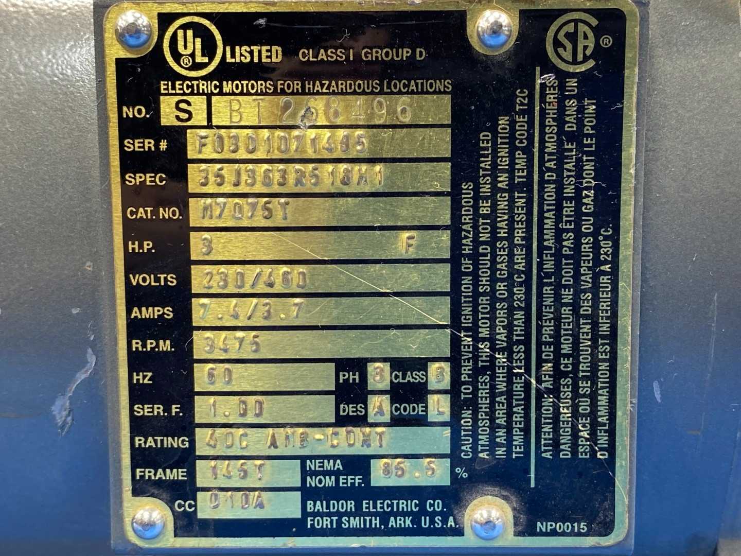 Baldor M7075T Motor 3HP 145T FR 208-230/460 RPM 3450 3 PH