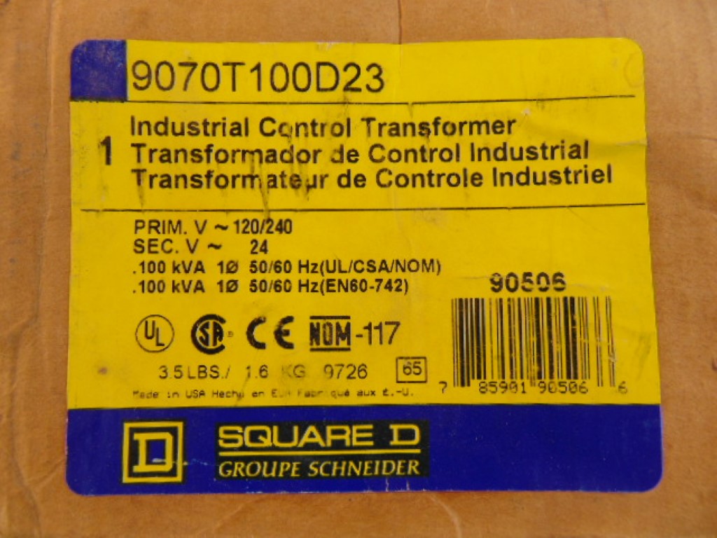 SQUARE D 9070T100D23 INDUSRIAL CONTROL TRANSFOMER 120/240V