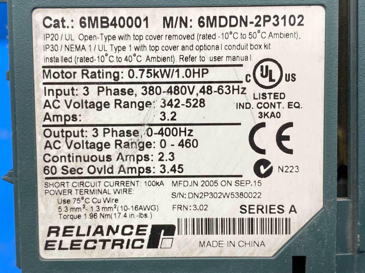 Reliance VFD Drive 6MB40001 for 1HP Motor 460V 3PH AC 