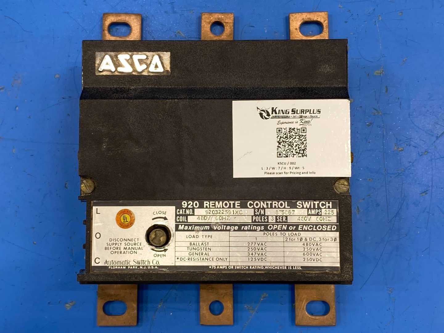 ASCO 920 Remote Control Switch 920322591XC 480V 225AMP 3PHASE