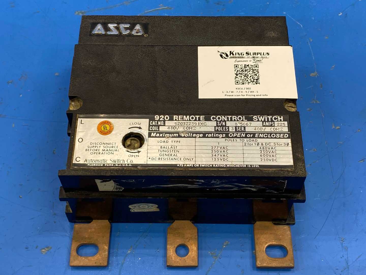 ASCO 920 Remote Control Switch 920322591XC 480V 225AMP 3PHASE