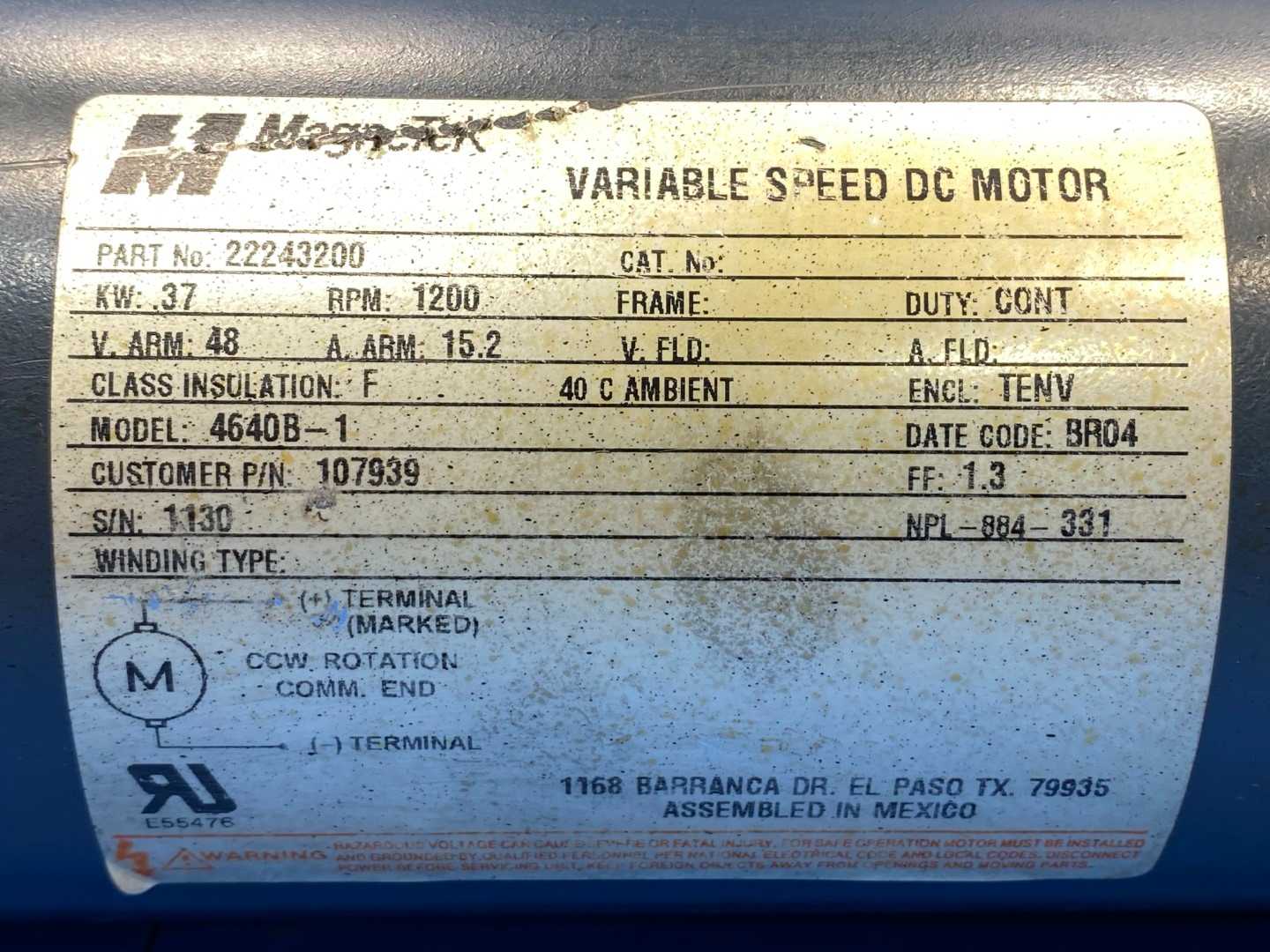 Magnetek 4640B-1 Variable Speed D.C. Motor 1200 rpm