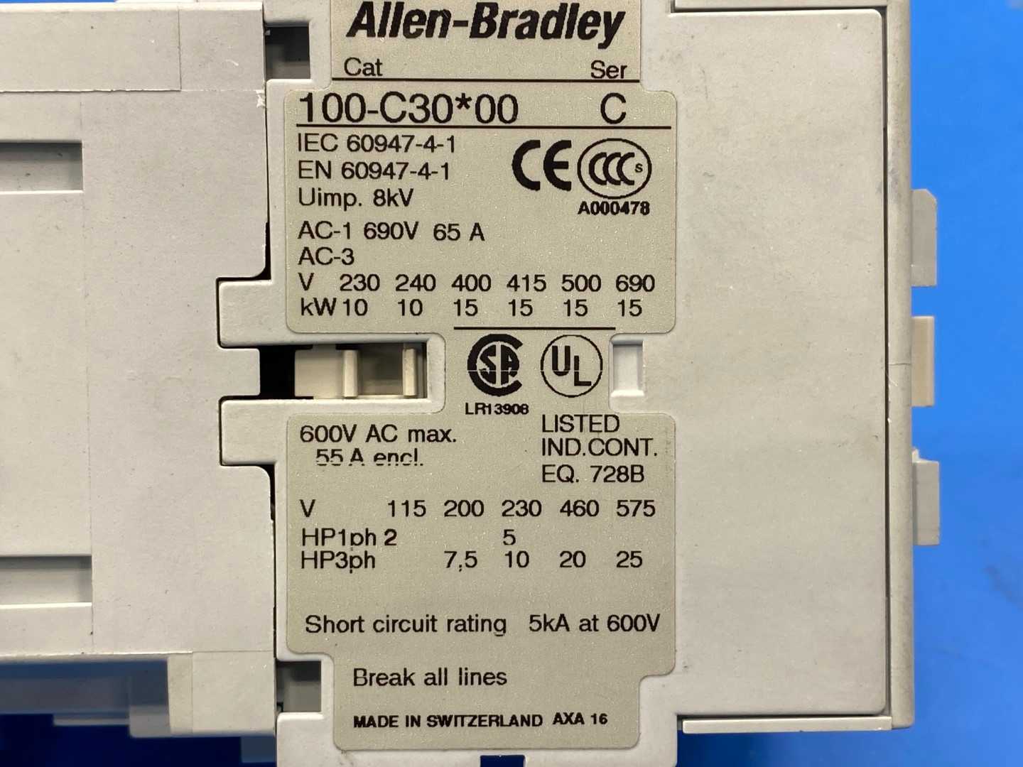  Allen-Bradley 100-C30*00 CONTACTOR W/100-S SER B AUXILIARY CONTACT