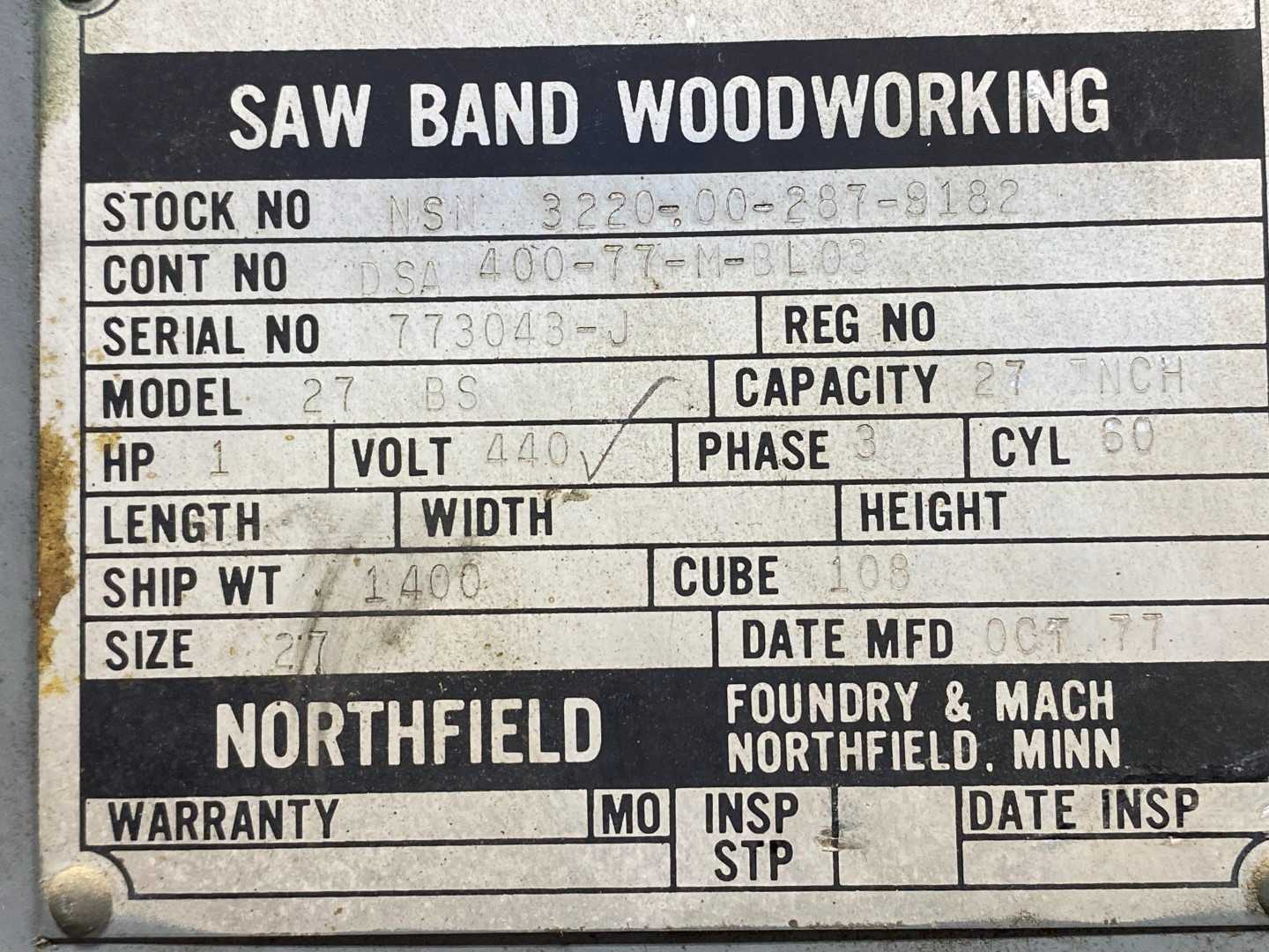 Northfield Vertical Saw Model 27BS 1-Hp, 440V, 3-Phase