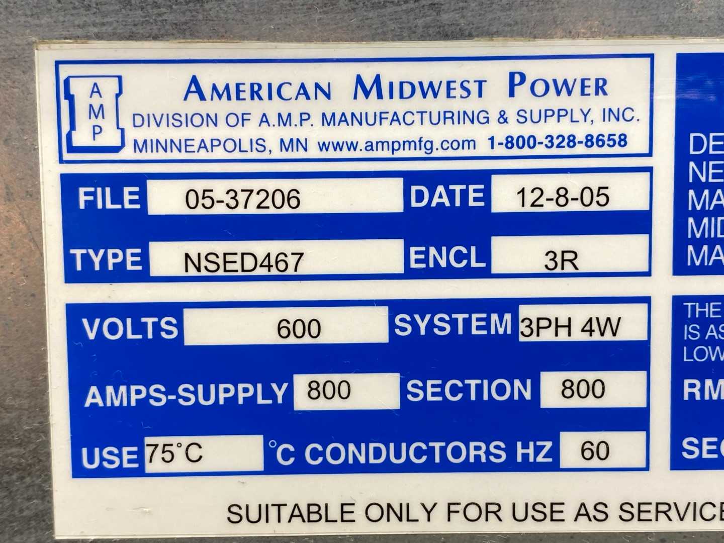American Midwest Power T467-W0L 800A 600V NSED467 4P
