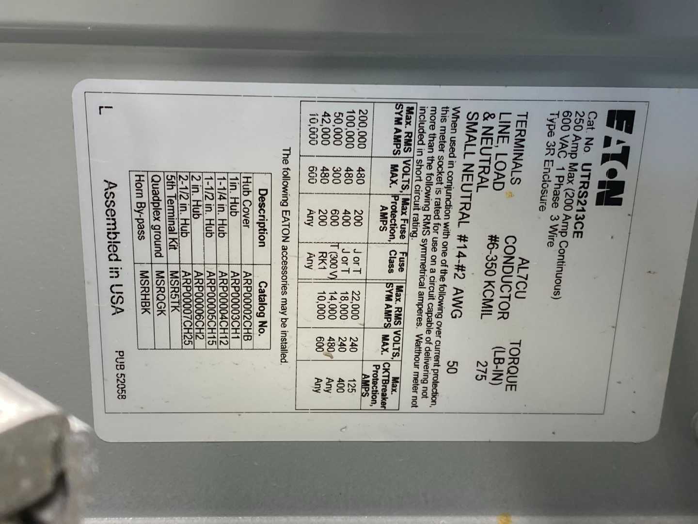 Eaton UTRS213CE TYPE 3R Enclosure 200A Meter Socket   