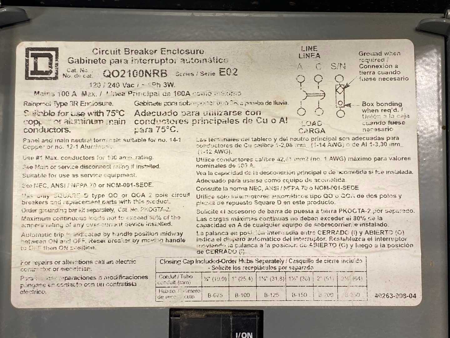 Square D Circuit Breaker Enclosure Q02100NRB Series E02 100AMP Breaker