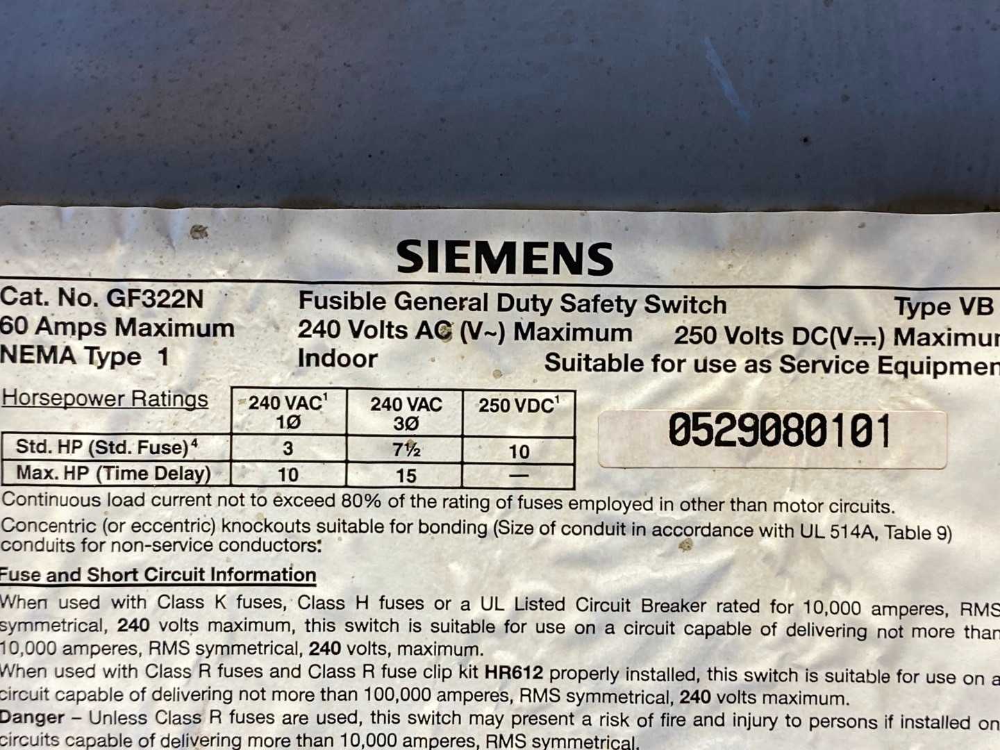 SIEMENS GF322N 60 Amp, 3 Pole, 240-Volt General Duty Safety Switch 