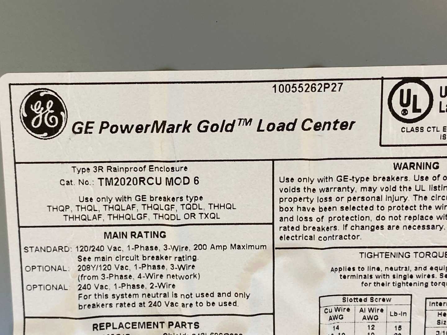 GE PowerMark Gold  Load Center TM2020RCUMOD6