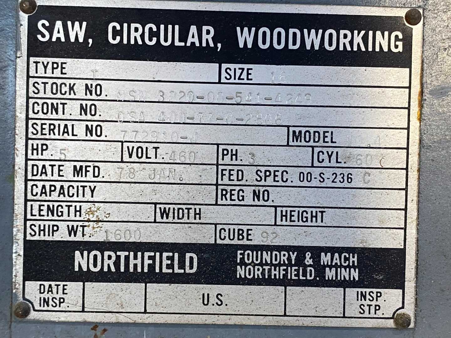 Northfield Model 4 Circular Saw, 5 HP, 3460RPM, 3-Phase Type I Size 16
