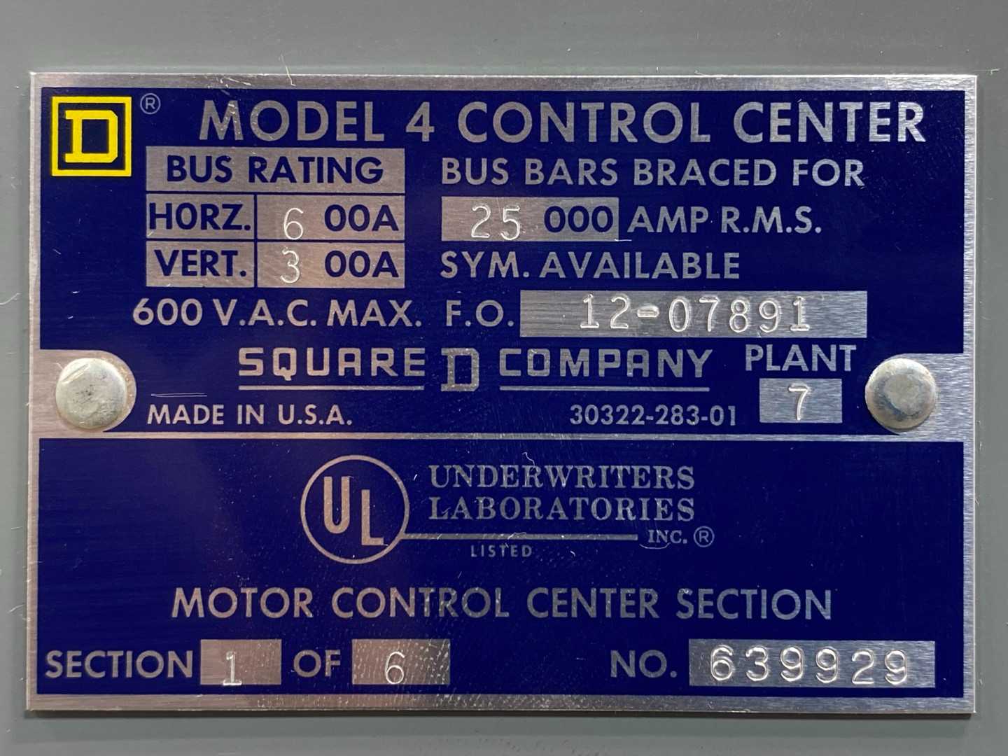 Square D Model 4 Control Center, 600A Horizontal, 300A Vertical, 600 VAC, Serial #12-07891