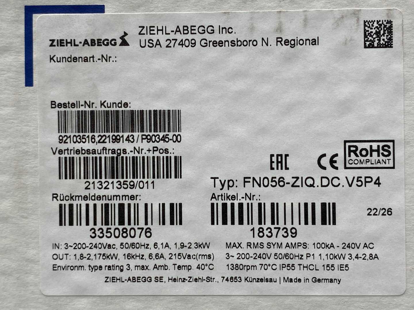 ZIEHL-ABEGG Axial Fan FN056-ZIQ.DC.V5P4 ECBlue with BASIC-MODBUS, 200-240VAC