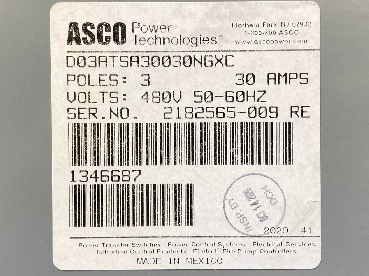 ASCO D03ATSA30030NGXC (2020) Series 300 Group G Power Transfer Switch 30AMP 480V