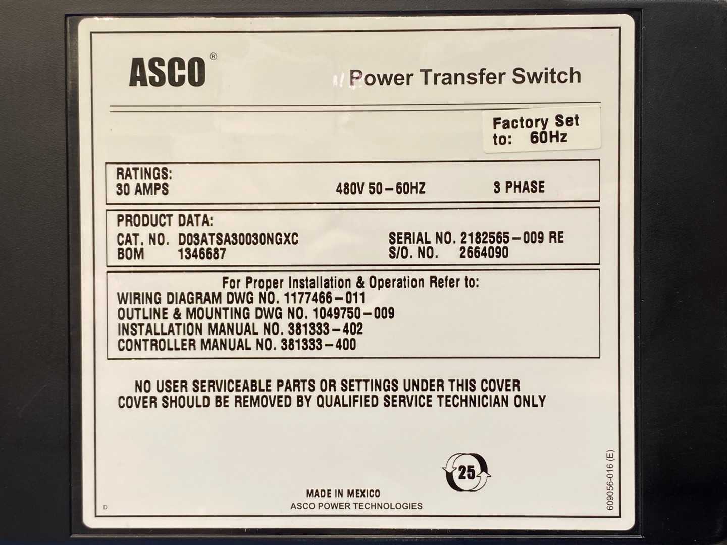 ASCO D03ATSA30030NGXC (2020) Series 300 Group G Power Transfer Switch 30AMP 480V