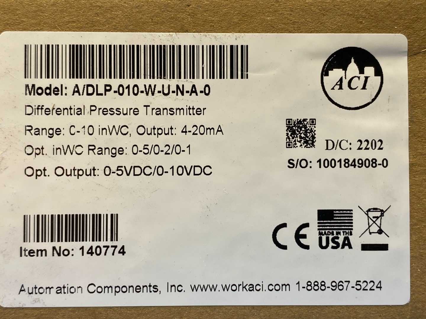 ACI Differential Low Pressure Transmitter Sensor A/DLP-010-W-U-N-A-0