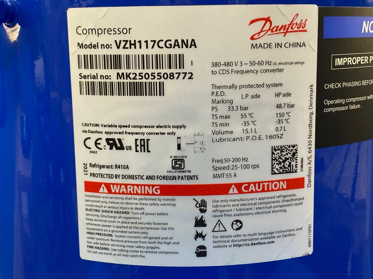 Danfoss Inverter Scroll Compressor VZH117CGANA 120G0226 8Tons