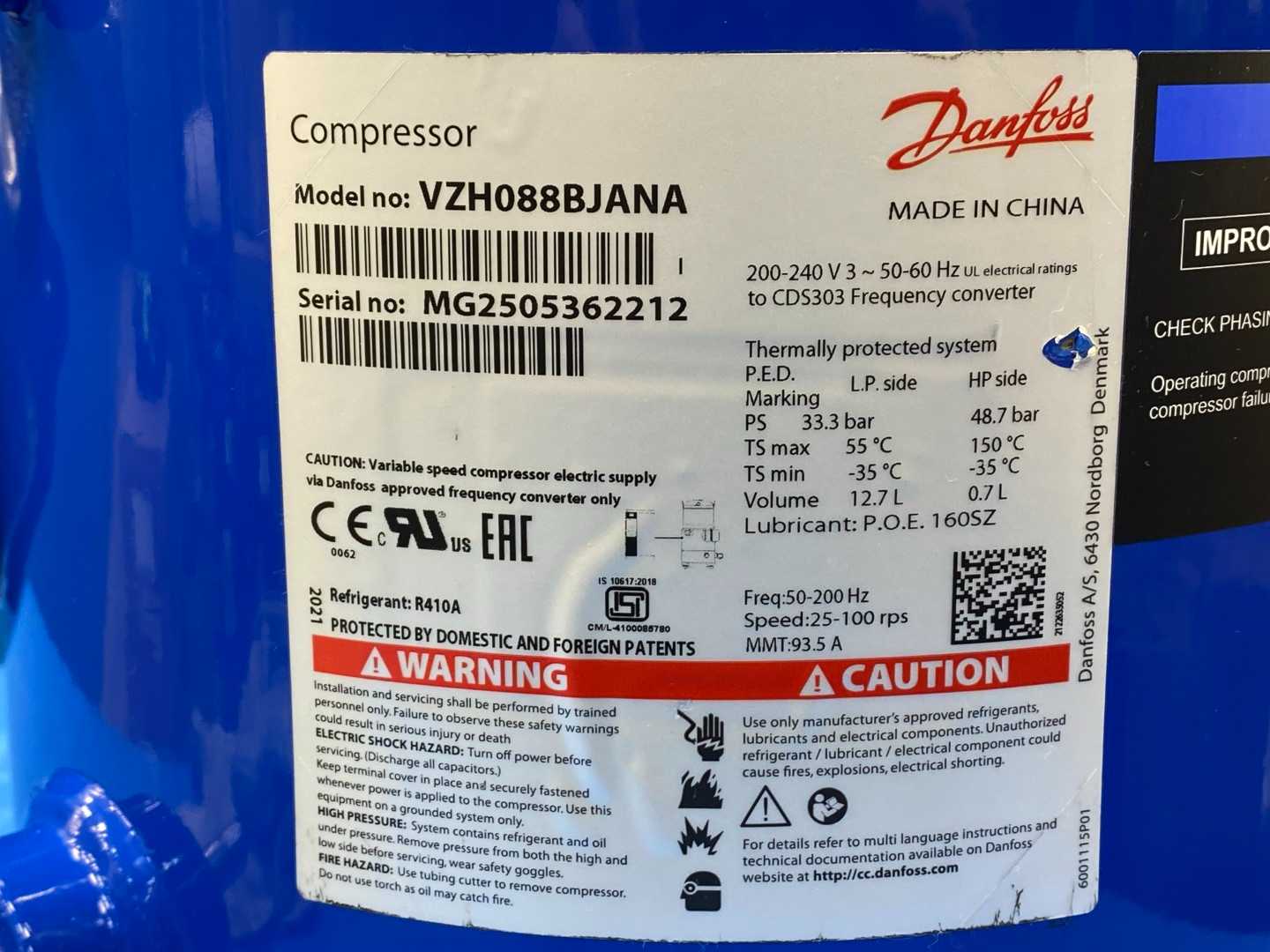 Danfoss Inverter Scroll Compressor VZH088BJANA 120G0013 13T